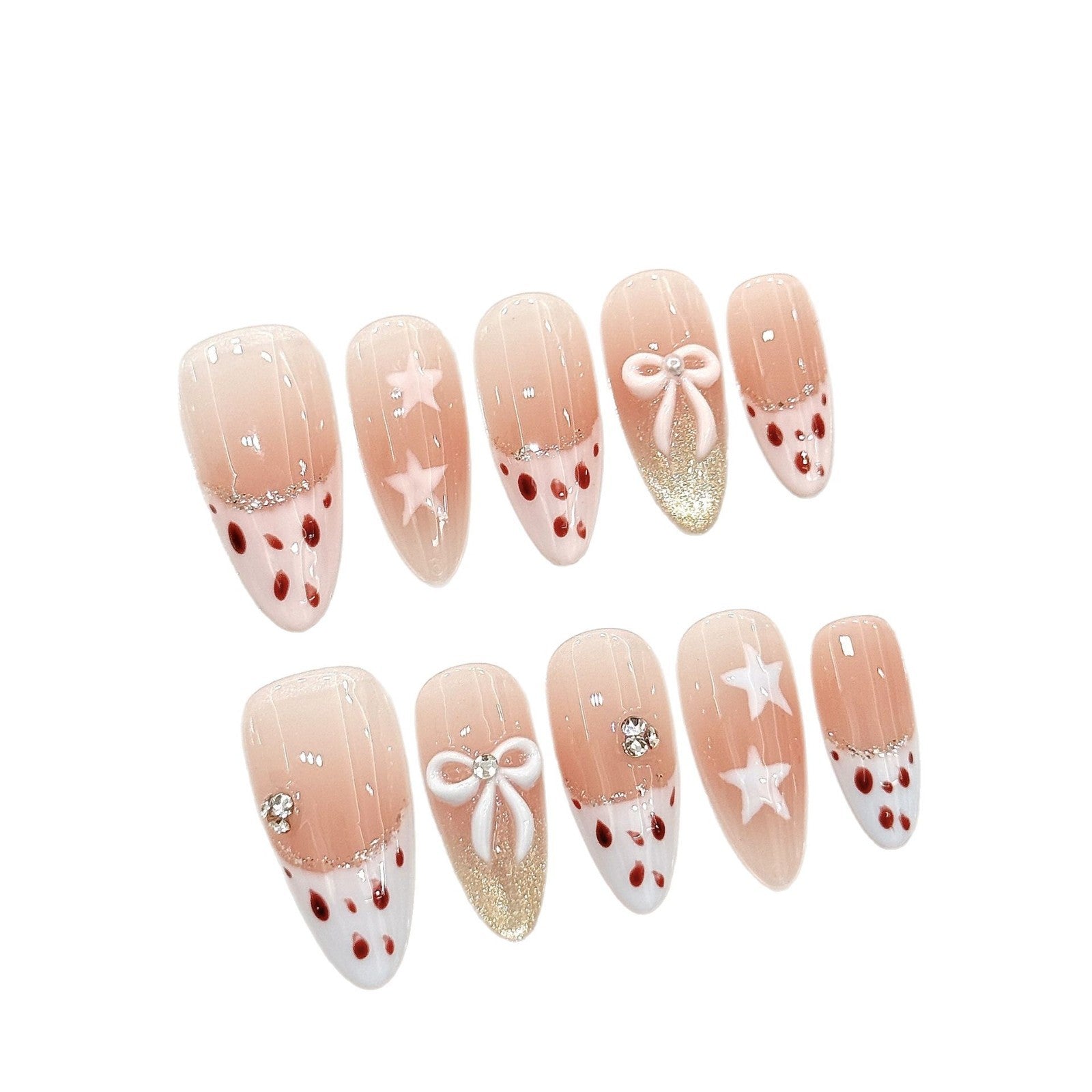 365nails : « Milkshake à la fraise » – 3D fraise et nœud, ongles stiletto faits main