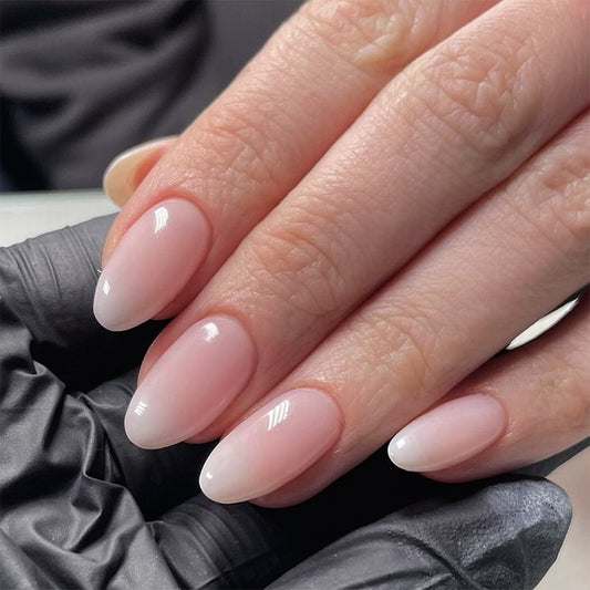 Pink and white gradual change wearable nail piece minimalist detachable nail art short almond repeatable wearable nail art wholesale｜365nails