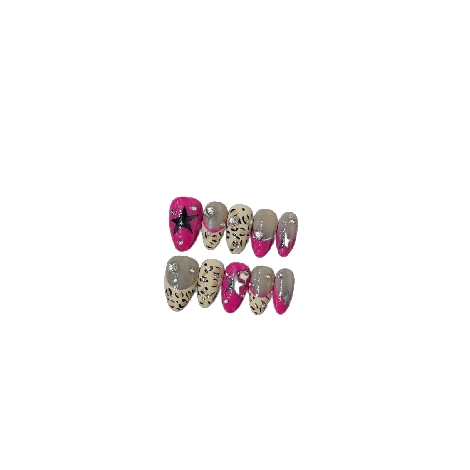 365nails : « Léopard rose » — ongles press-on forme amande faits main, imprimé léopard et strass