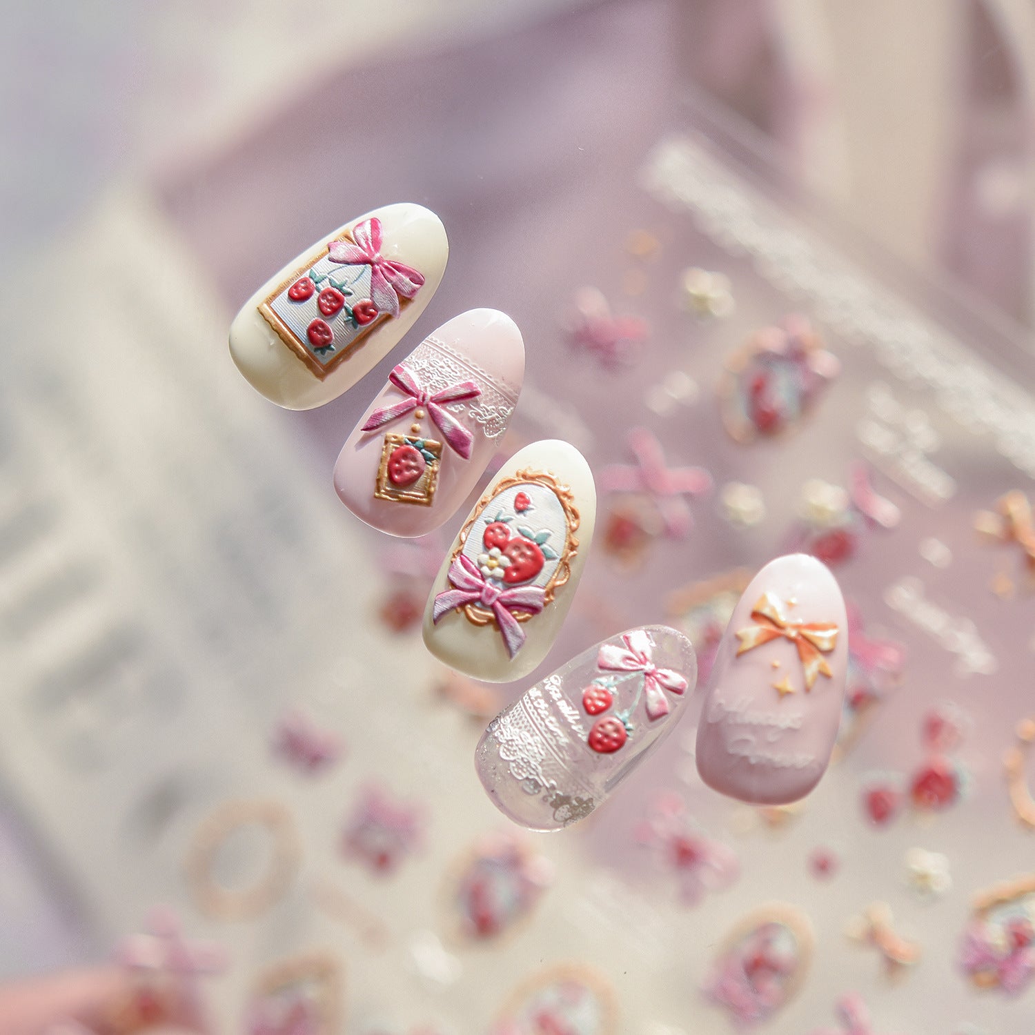 Strawberry & Bow: "Sweet Strawberry" – 5D Embossed Nail Sticker