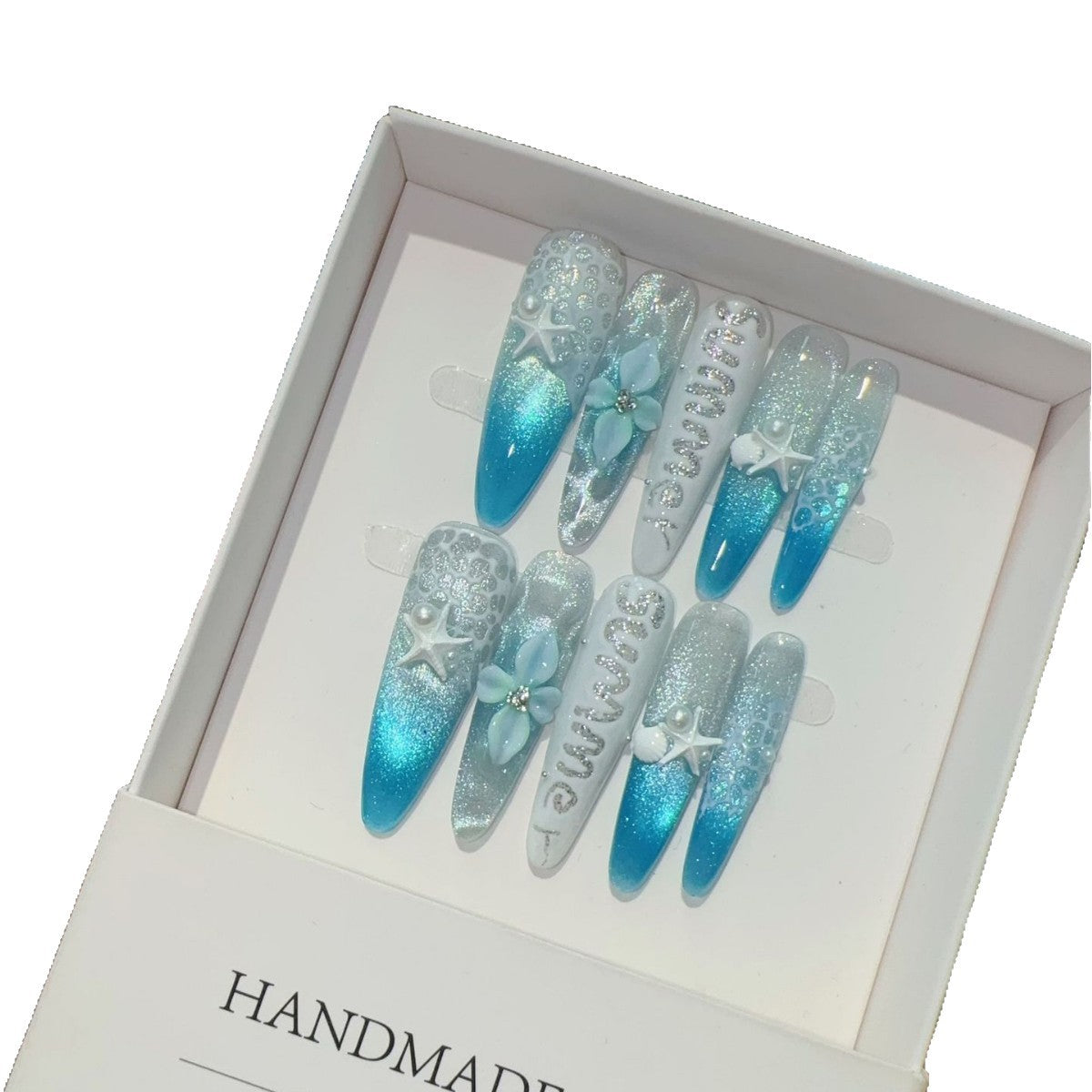 365nails: "Blue Lagoon" – 3D Shell Handmade Stiletto Nails