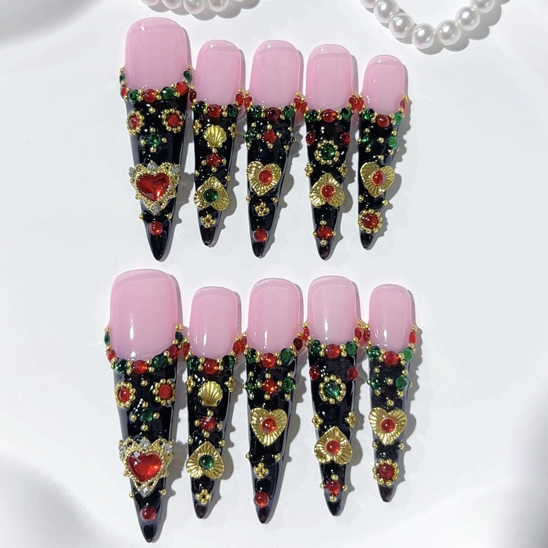 Unhas Postiças Rosa e Preta Barrocas com Joias