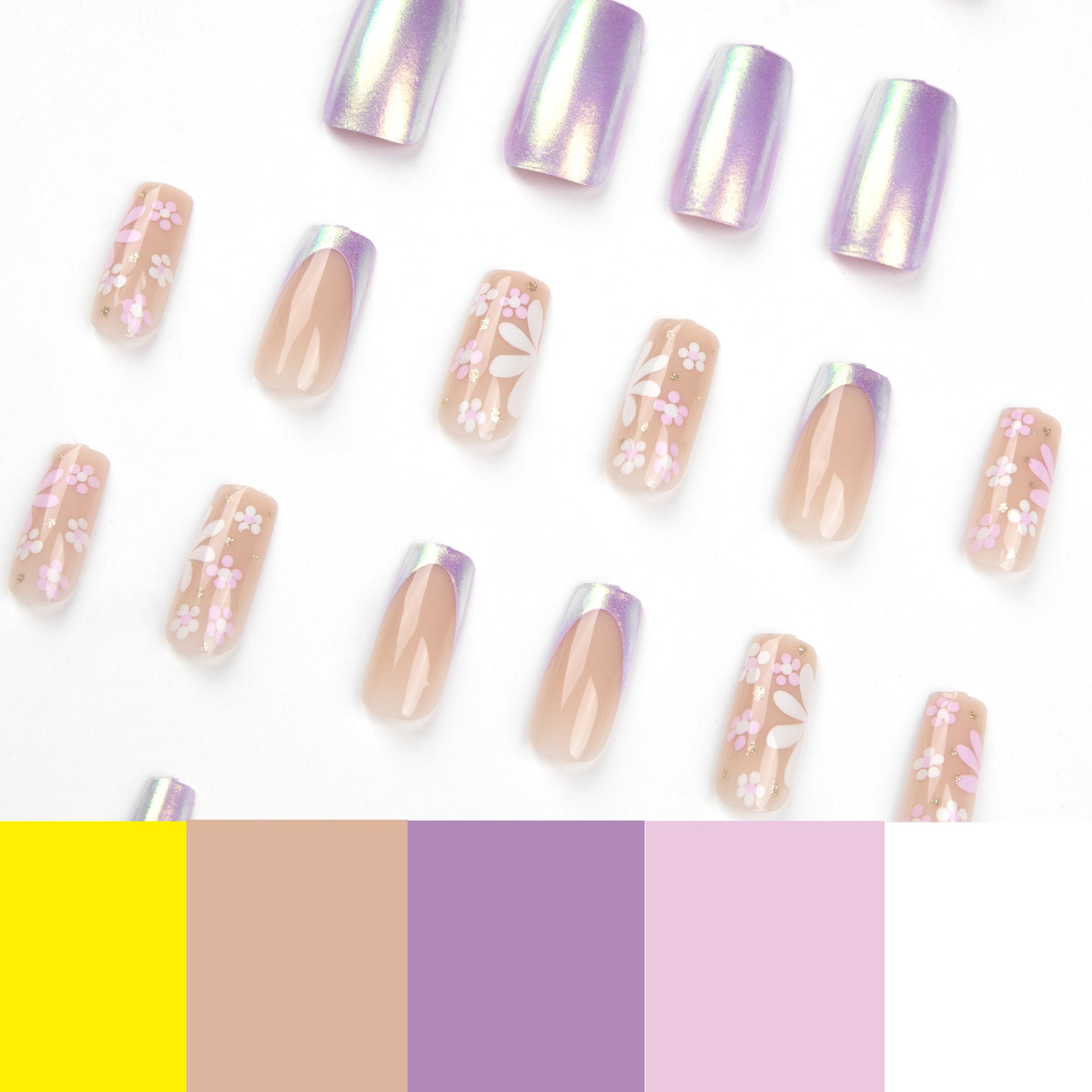 Adesivo de unhas postiças, unhas de camaleão polarizadas com flores rosa e brancas, arte de unhas finalizada, unhas postiças removíveis, produto finalizado｜365nails