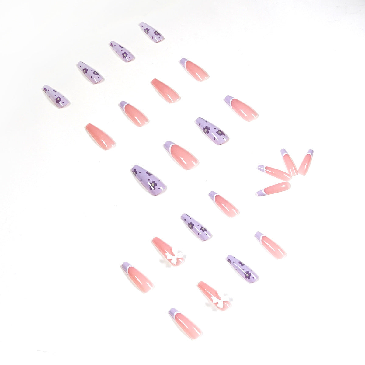 冰透芋色花朵法式成品美甲貼（可拆式穿戴）｜365nails