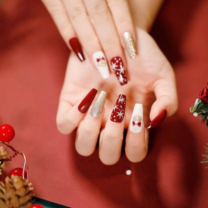 Christmas press on nails snowflake love snowman manicure short almond bow  long nail wholesale｜365nails
