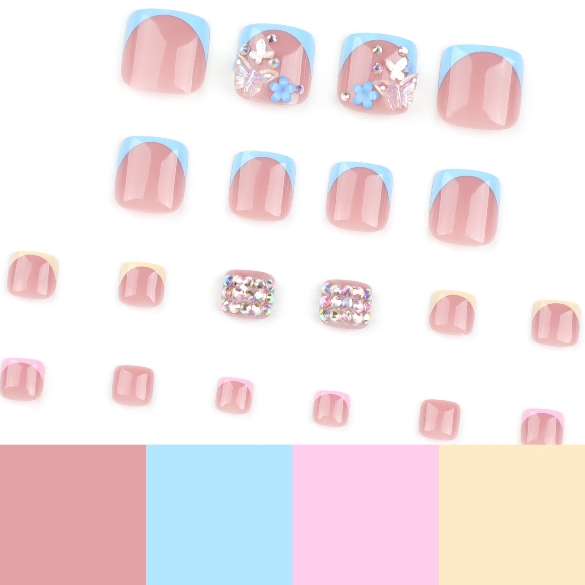 法式短款趾甲片｜鑽點蝴蝶與鑽石爆閃足部美甲｜365nails
