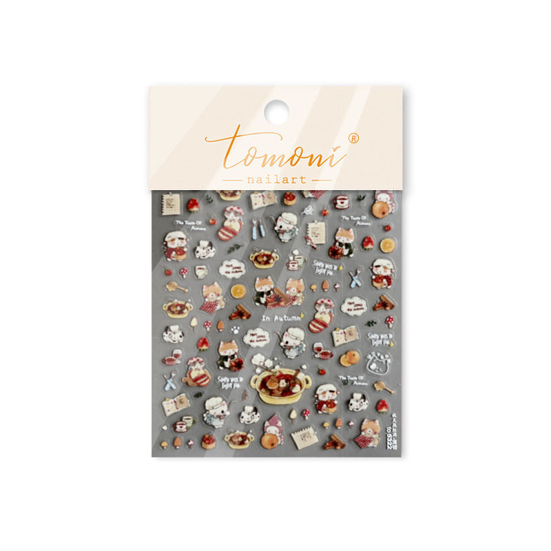 Autumn Cute Animal & Food: "Cozy Autumn Buddy" – 5D Embossed Nail Sticker