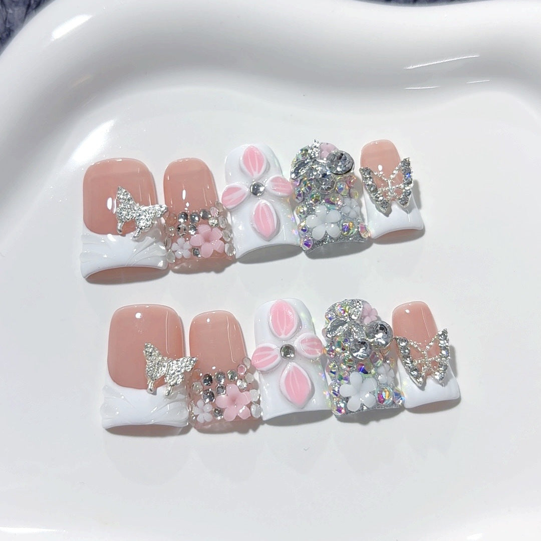 Jardin enchanté : "Cristal floral papillon" – Ongles press-on faits main carrés courts