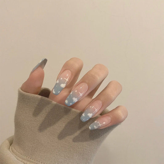 Gray and blue clouds wear nail finished soft nail fake nail nail nail patch nail patch removable nail piece｜365nails