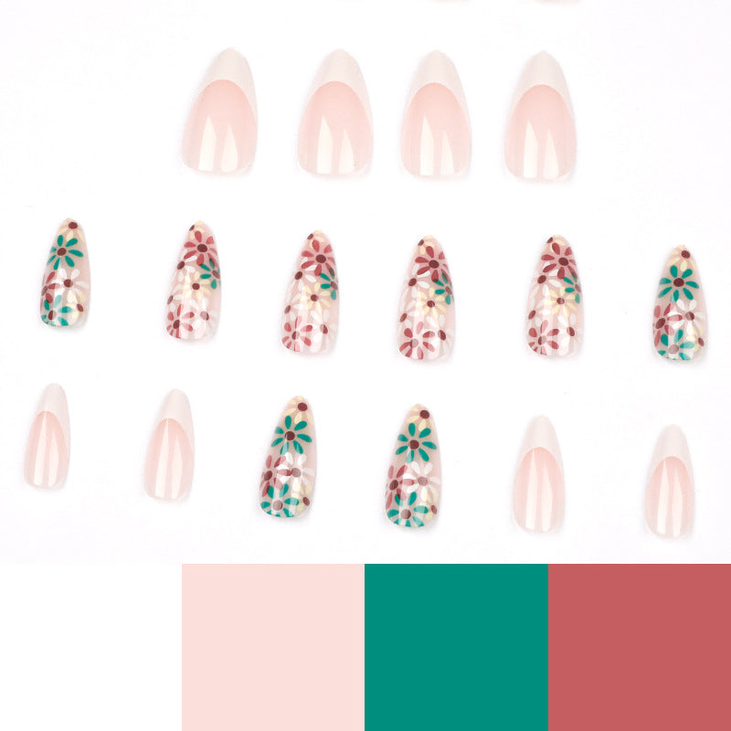 Uñas postizas con borde blanco de verano, flores francesas rojas y verdes, uñas especiales, uñas postizas, uñas postizas, uñas postizas, uñas postizas, uñas postizas｜365nails