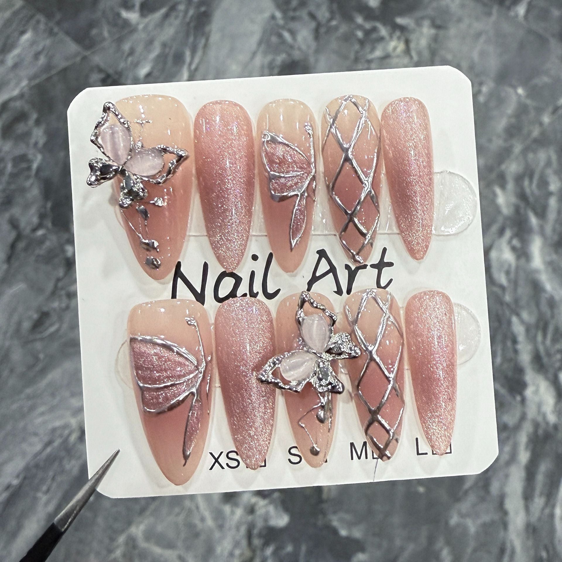 Blush Pink Shimmer Nails with Icy Butterfly Chrome Accents