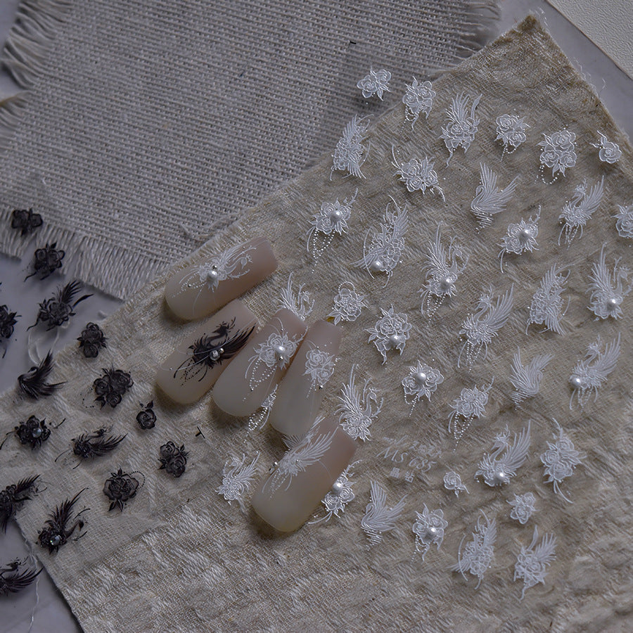 White Lace Feather & Crystal Nail Sticker Set – "Crystal Feather Lace"