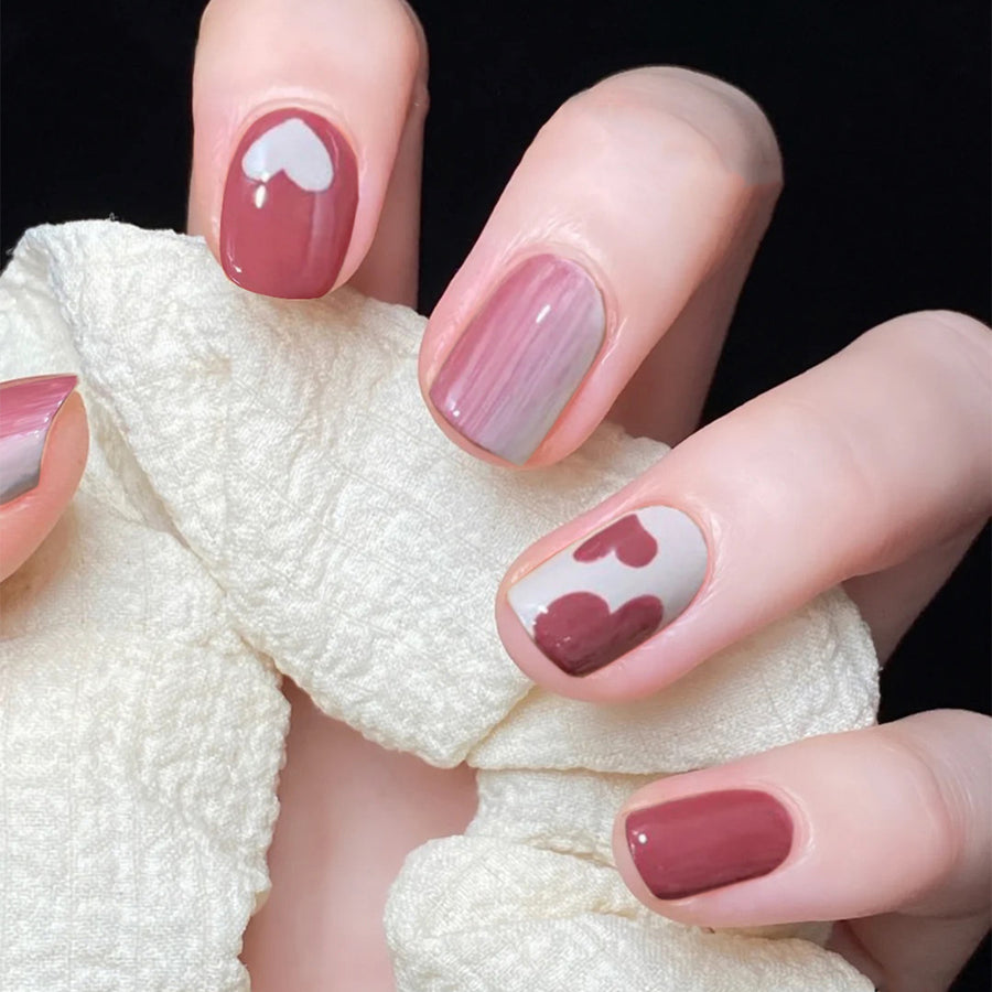 Adesivo de unha em formato de coração de pêssego com grafite de framboesa, unhas postiças, arte de unha finalizada, adesivo removível, venda de fábrica ｜365nails