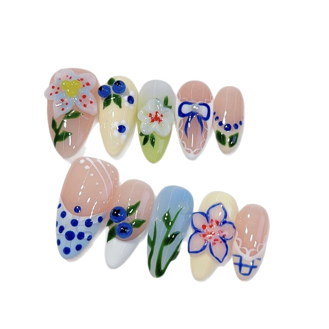 Meadow Bloom: "Wildflower Blueberry" – Almond Shape Handmade Press-Ons