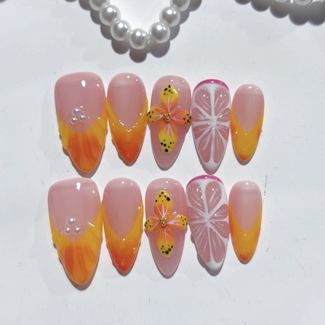 Tropical Citrus: "Sunset Citrus Bloom" – Medium Almond Nude & Orange Gradient Handmade Press-On