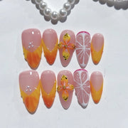 Tropical Citrus: "Sunset Citrus Bloom" – Medium Almond Nude & Orange Gradient Handmade Press-On
