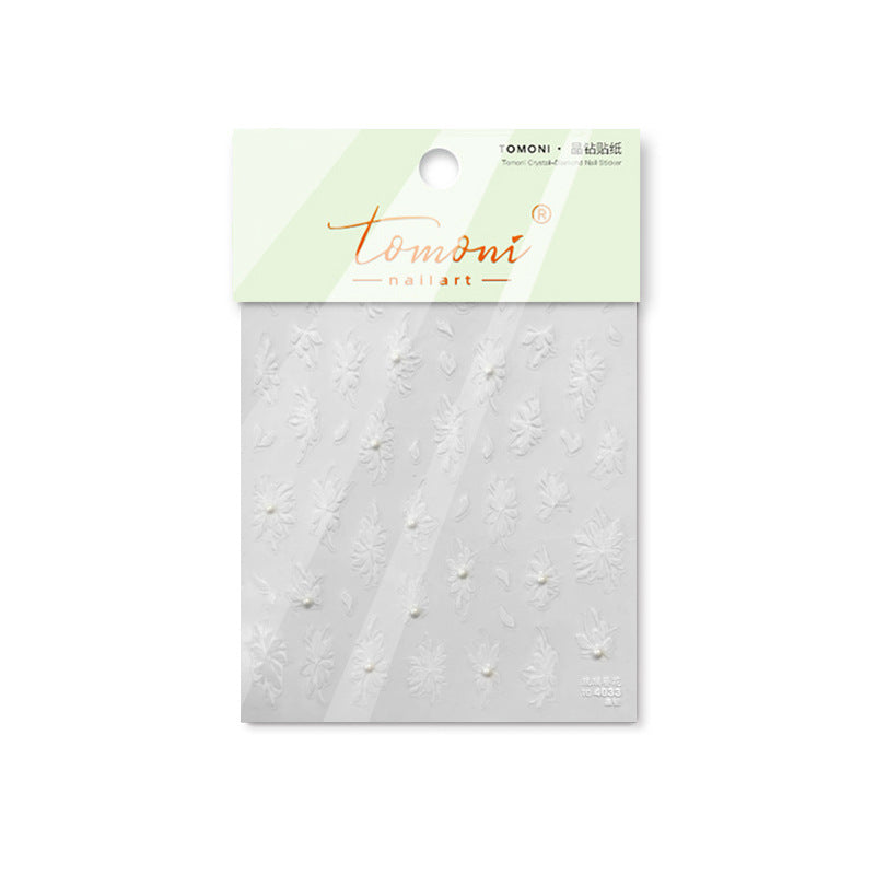 White Floral Crystal Nail Stickers – 5D Embossed Bridal Elegance Set