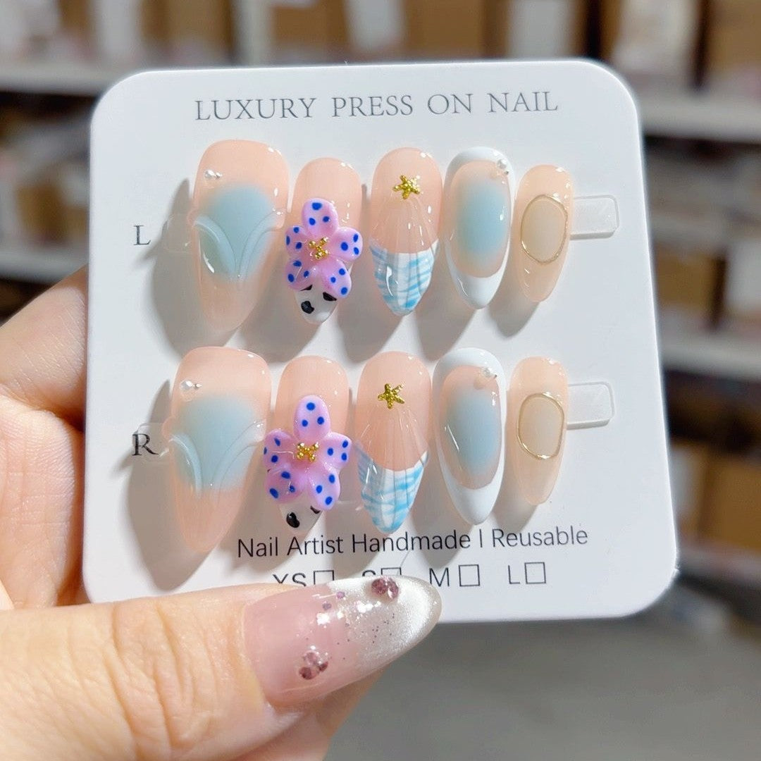 365nails-Beach Breeze：「海洋花卉」— 杏仁形 手工製 3D 雕刻 穿戴甲