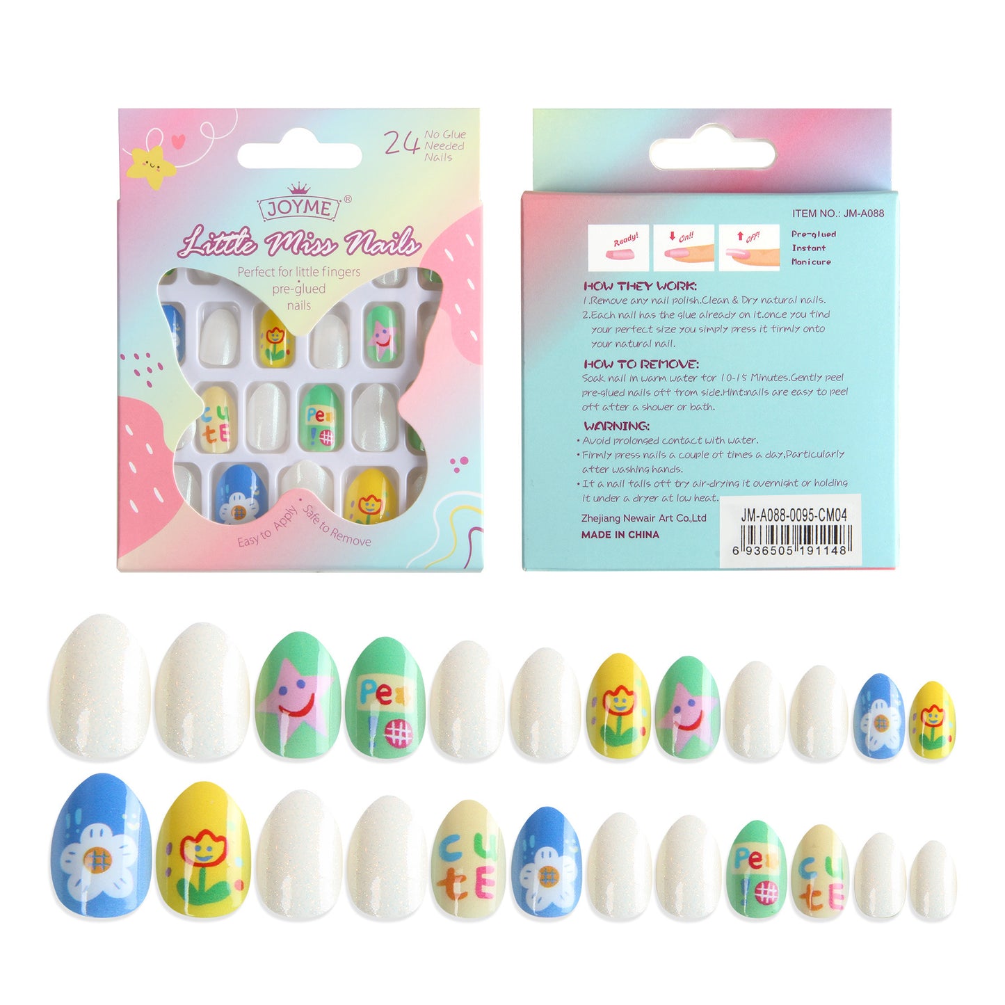 Kids press-on nails Cute cartoon smiley face flower glue-free direct sticker nail piece