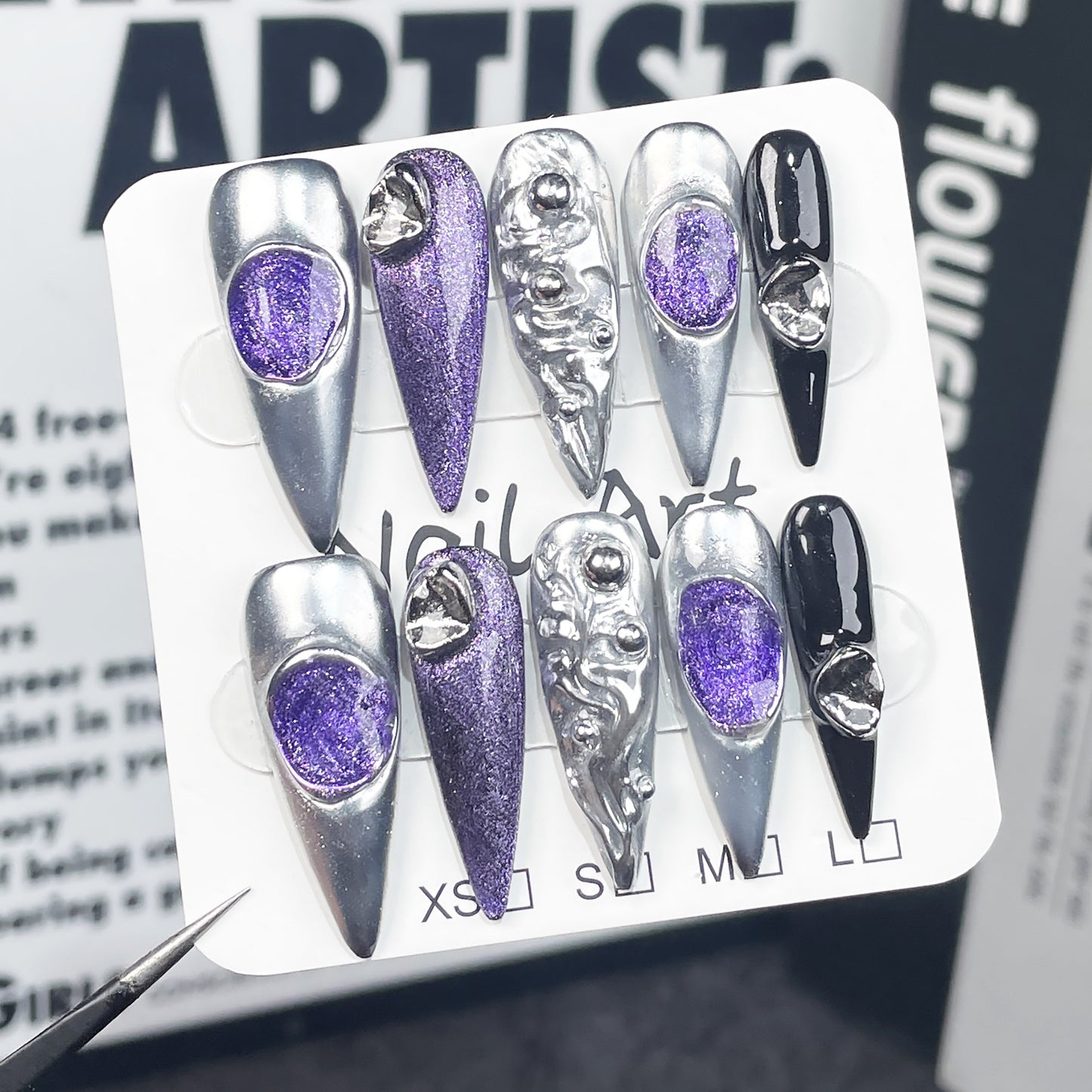 Handmade press on nails  long pointed flash trade metal sweet cool retro style nail patch wearable fake nails｜365nails