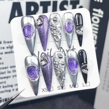 Handmade press on nails  long pointed flash trade metal sweet cool retro style nail patch wearable fake nails｜365nails
