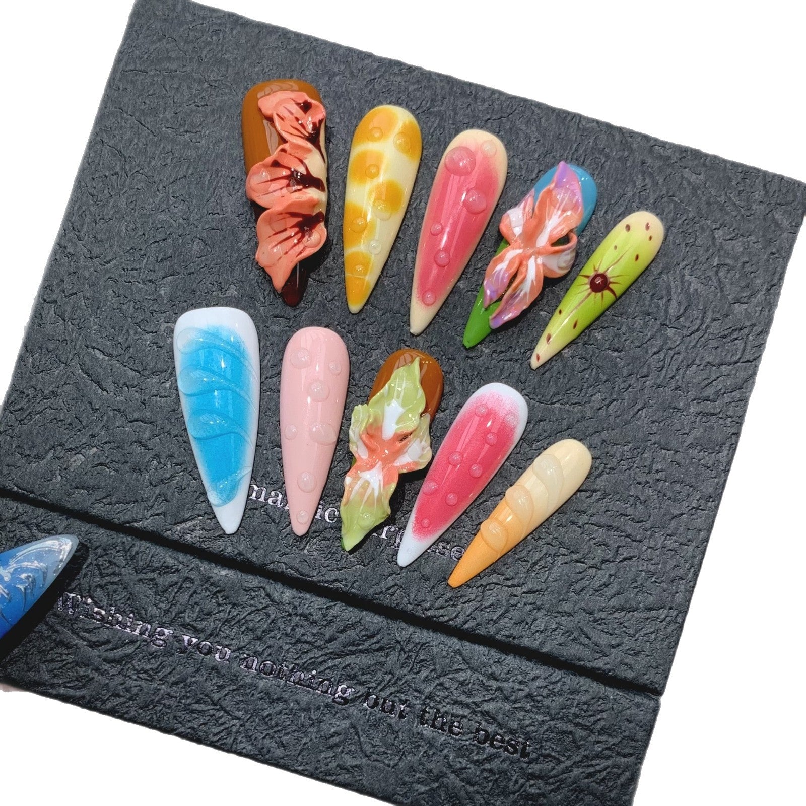 Flores tridimensionales, flores tropicales, uñas multicolores, uñas postizas hechas a mano | 365nails