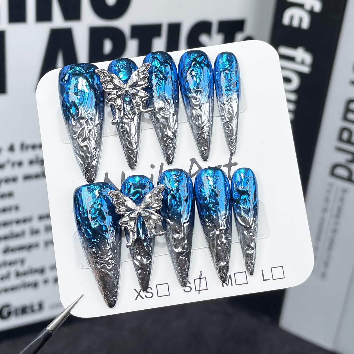 Unhas postiças artesanais de metal, de duas cores, com mudança gradual e irregular, formato líquido, médias e longas, para unhas artísticas｜365nails
