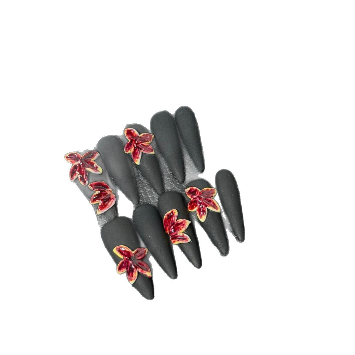 365nails : « Fleur veloutée » – 3D Floral et Mat – Ongles forme stiletto faits main