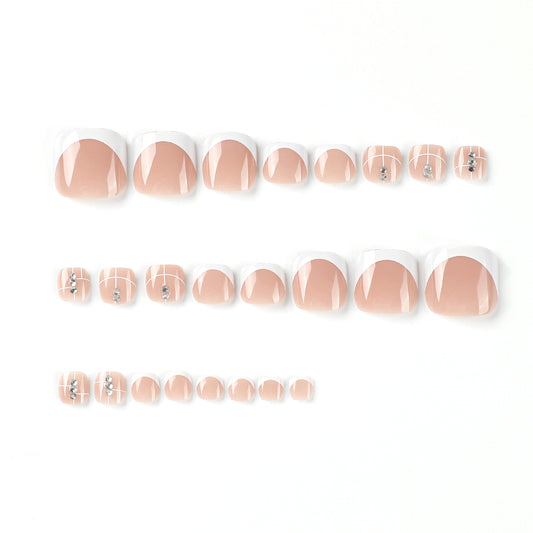 Wear nail short white French rhinestone wear nail and foot nail piece Nail piece Removable wearable nail sticker｜365nails