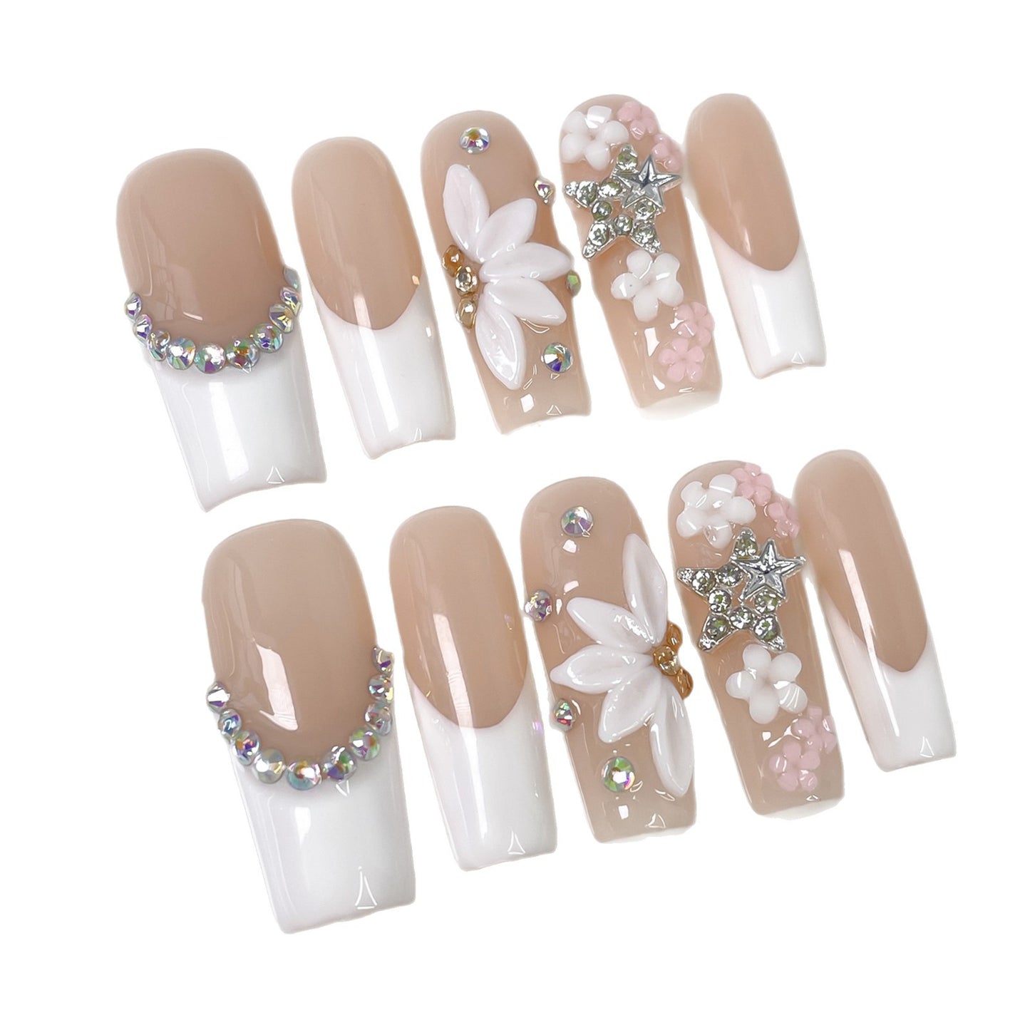 Vento doce e suave tridimensional esculpido longo remendo de unha gelo transparente francês puro desejo unhas postiças feitas à mão ｜ 365nails
