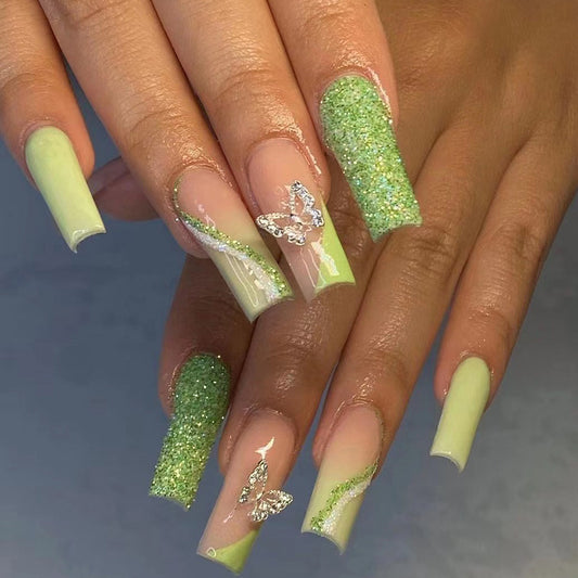 French Green Edge Glitter 3D Butterfly Press On Nails Fake Nails for Women