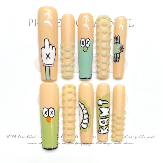 Extra long funny cartoon cute handmade nails personalized  hand-painted fake nails removable nail | 365nails