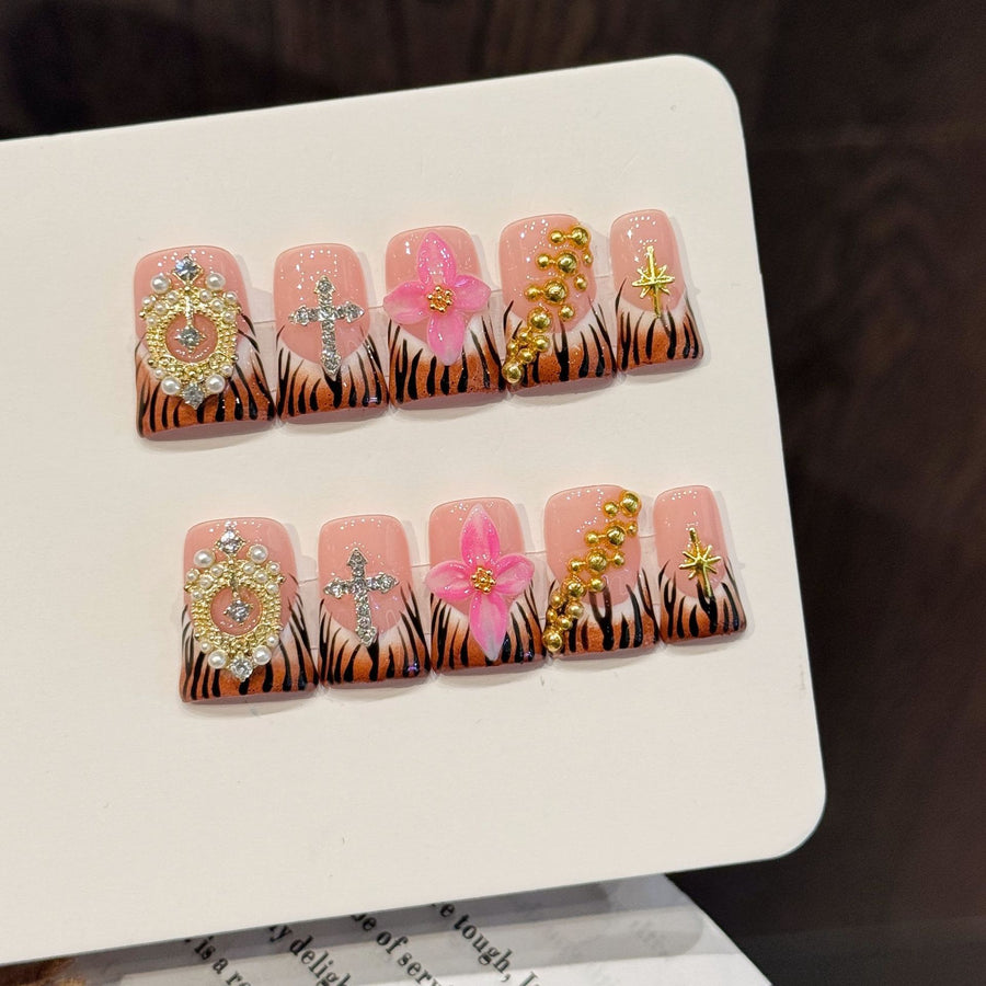365nails: "Pink Tiger" – 3D Floral & Crystal Handmade Short Square Nails