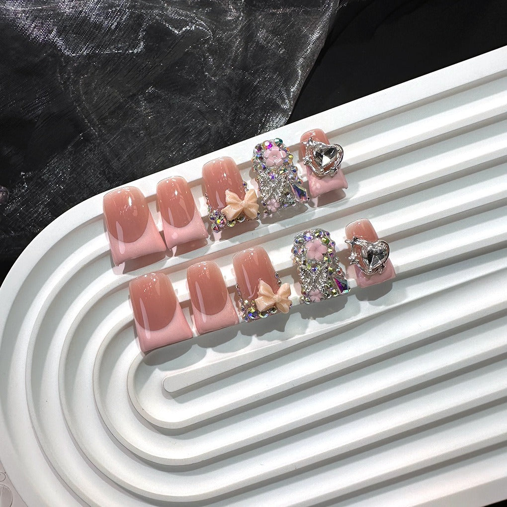 Blush Y2K Crystal Bow Press On Nails