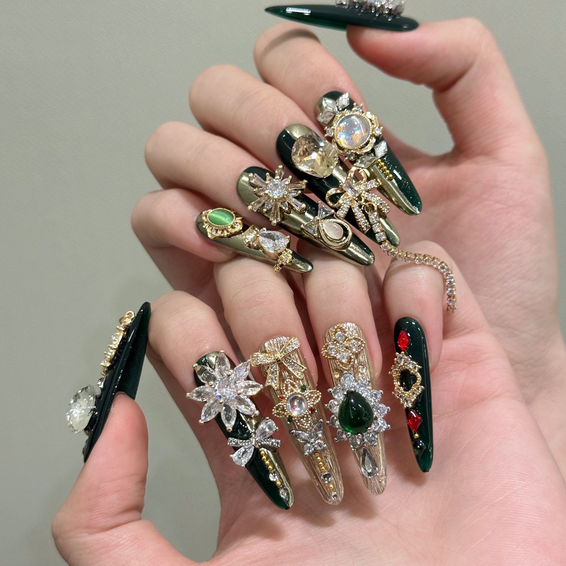 365nails: "Emerald Majesty" – 3D Gemstone & Filigree Handmade Long Almond Nails