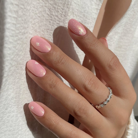 Simple and fresh flower press on nails short short round manicure fake nail glitter explosive flash wearable nail piece wholesale｜365nails