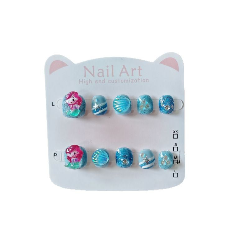 365Nails: "Mermaid Ocean Dream" – Handmade Cute Short Oval Press On Nails With Little Mermaid & Seashell Design