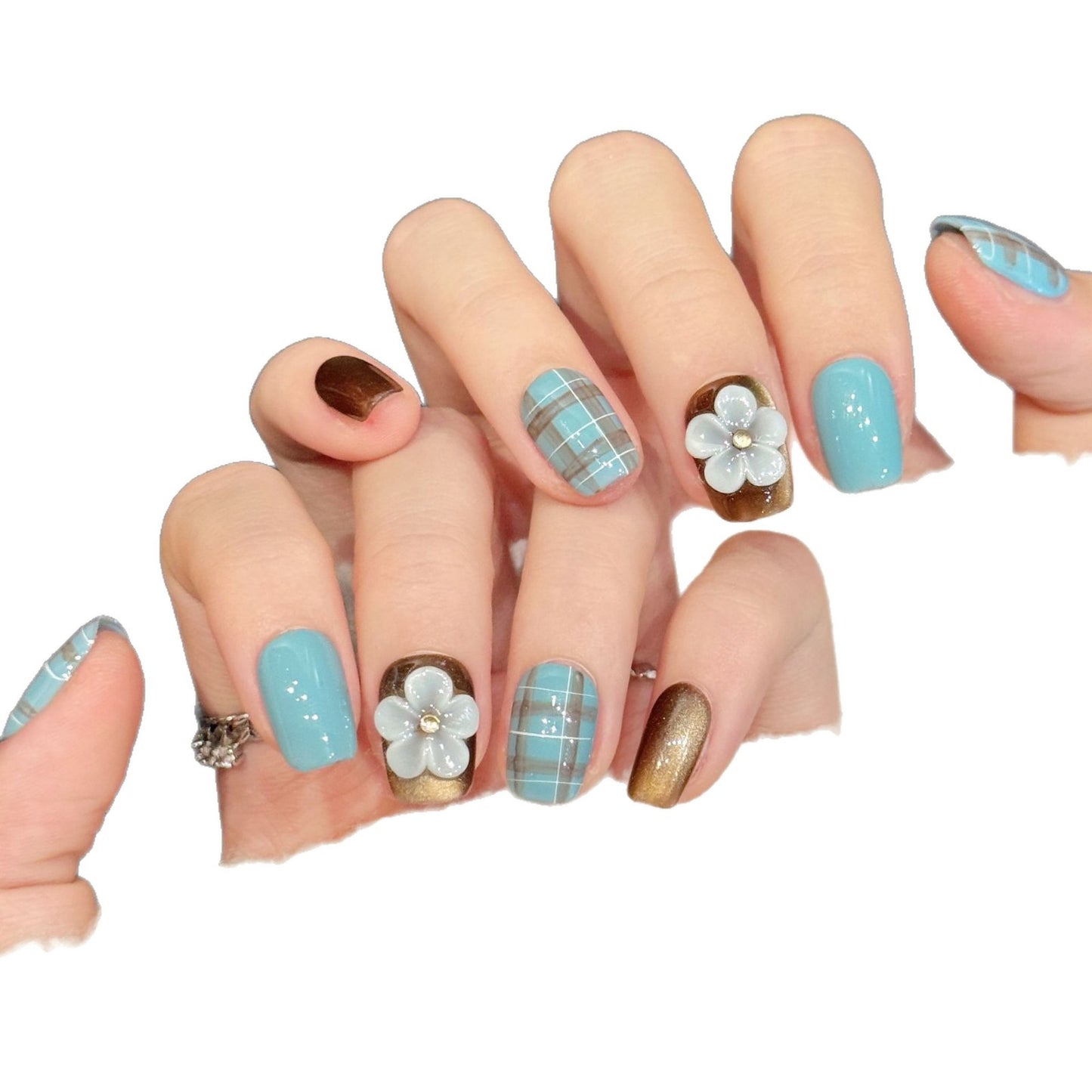 Blue Plaid Flower Accent Press On Nails