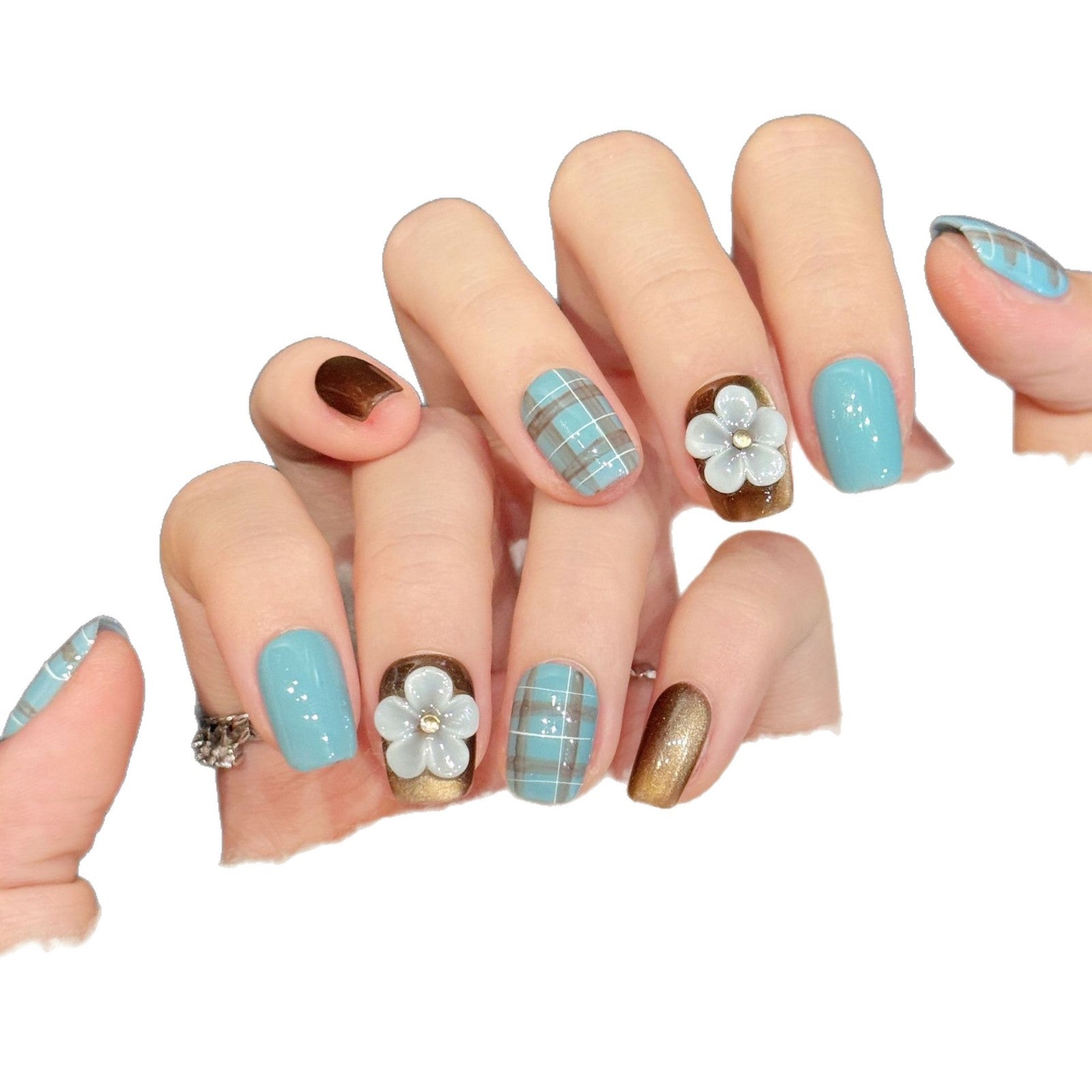 Blue Plaid Flower Accent Press On Nails