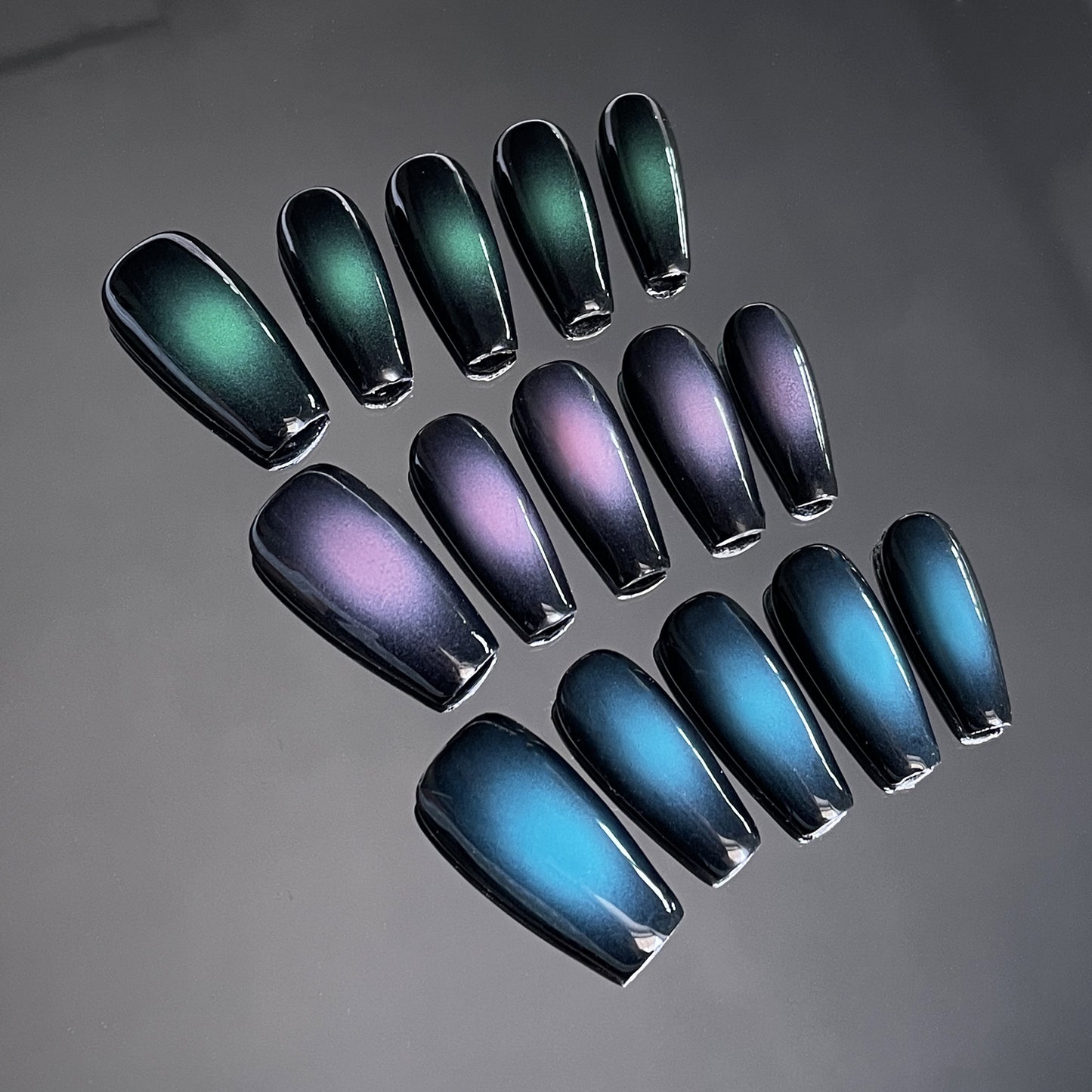 365nails Avant-Garde: "Aurora Shift" – Long Coffin Multichrome Cat Eye Press On Nails 24pcs