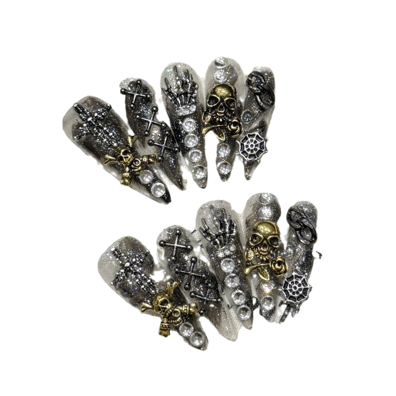 Série de Halloween unhas artesanais puras estilo retro punk [esqueleto de bronze e ouro] mão fantasma tridimensional | 365nails