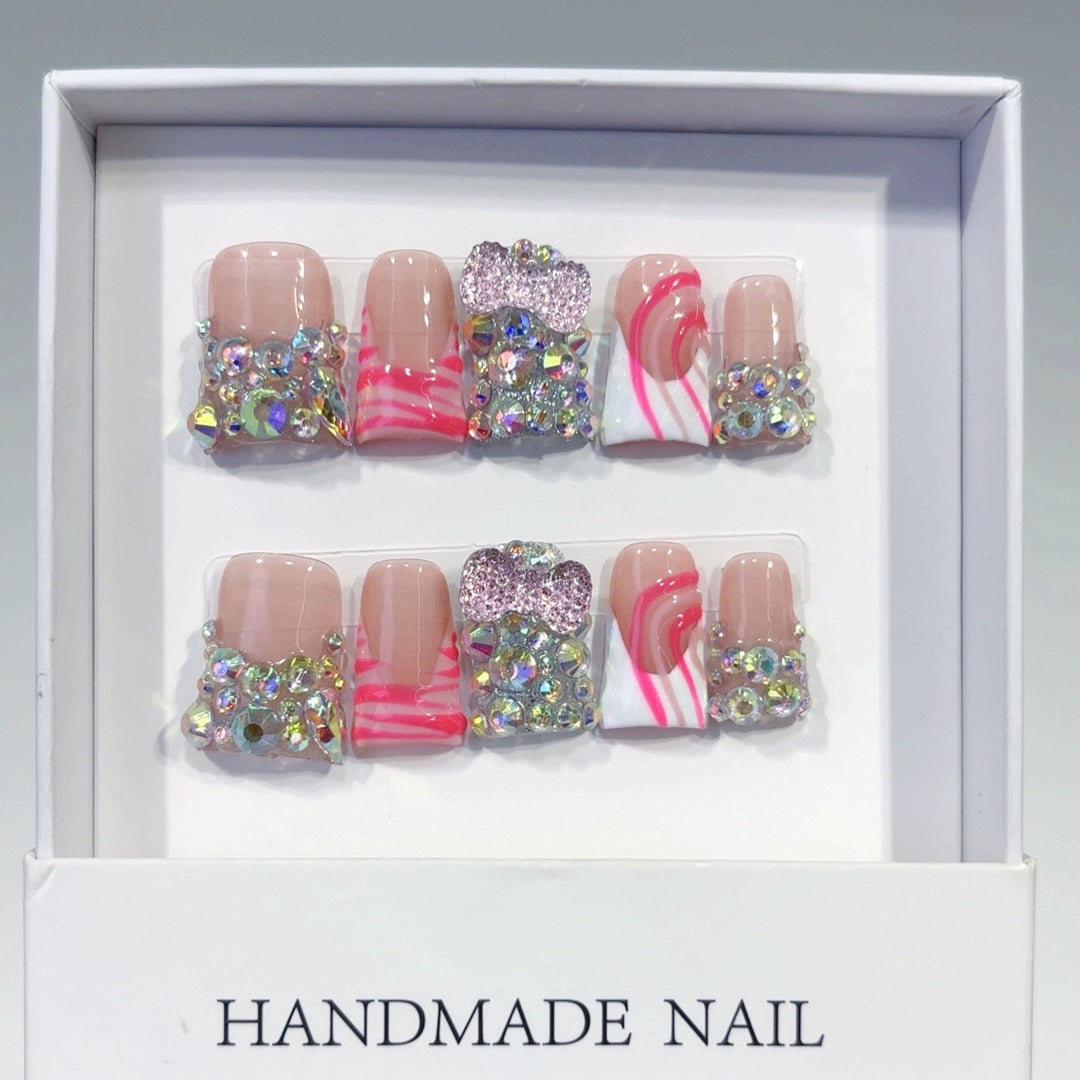 Disco Glow: "Pink Iridescent Crystal" – Square Shape Handmade Press-On Nails