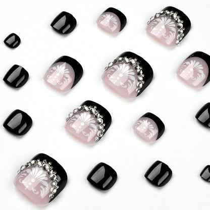 Venta al por mayor de uñas francesas negras con flores blancas, uña de diamante, uña postiza terminada, parche de manicura | 365nails