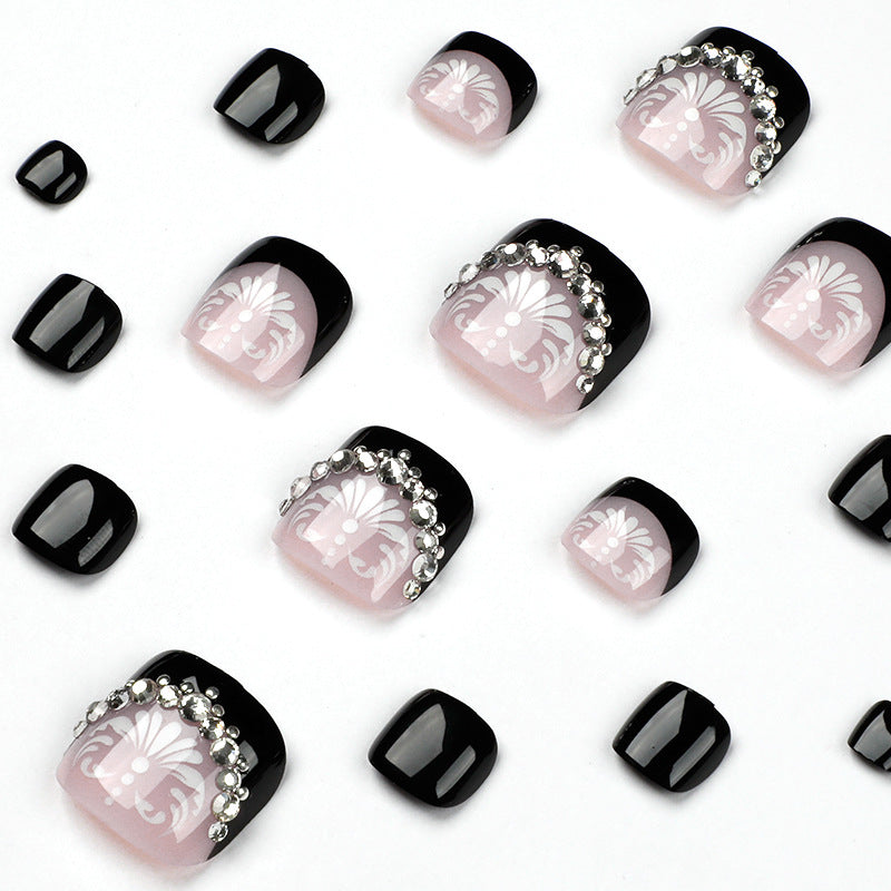 도매 블랙 프렌치 발톱 화이트 플라워 장식 라인스톤 완성 인조 발톱 패치 ｜365nails