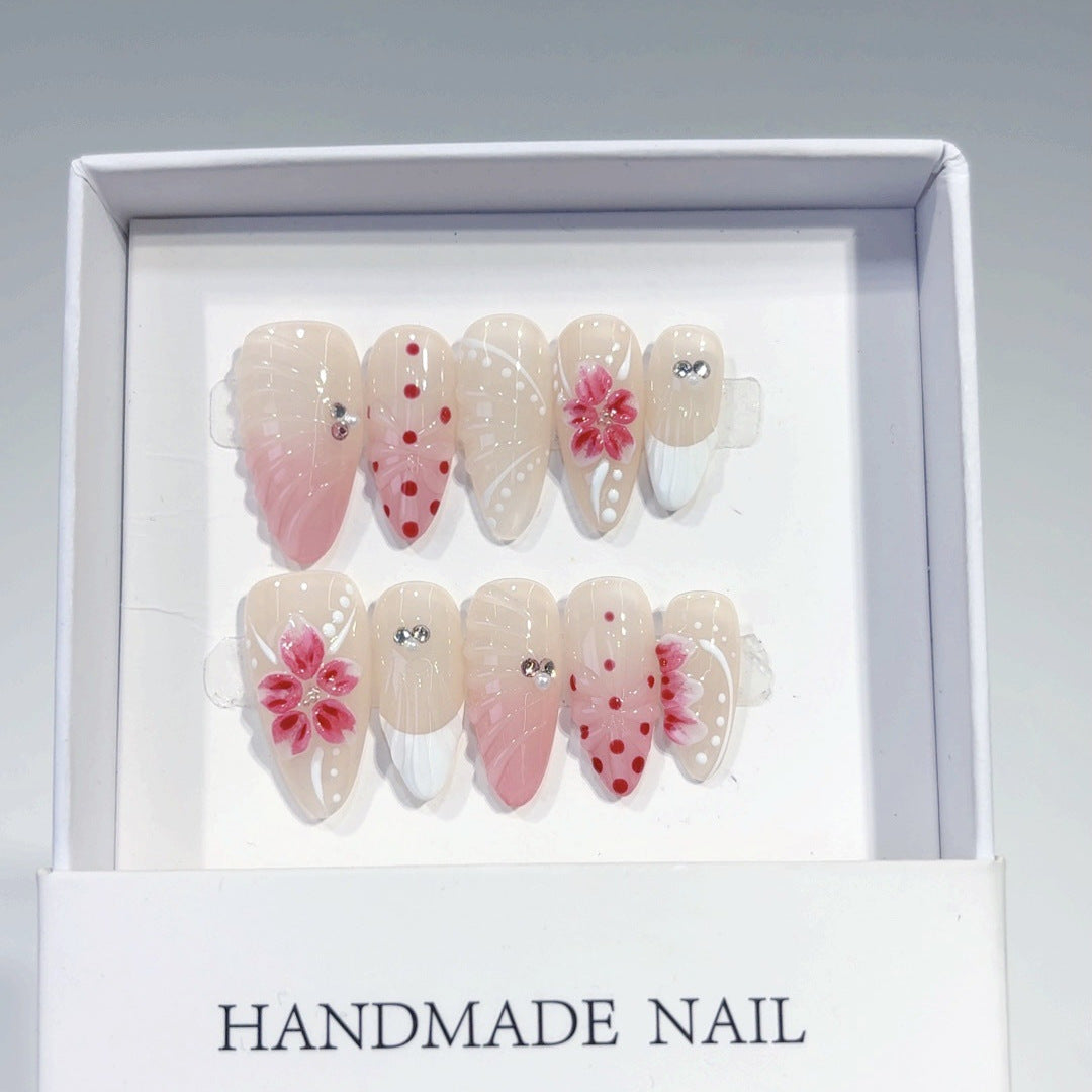 Blush Floral: "Pink Cherry Dots" – Almond Shape Handmade Press-Ons