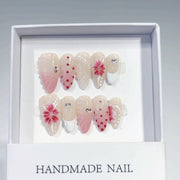 Blush Floral: "Pink Cherry Dots" – Almond Shape Handmade Press-Ons