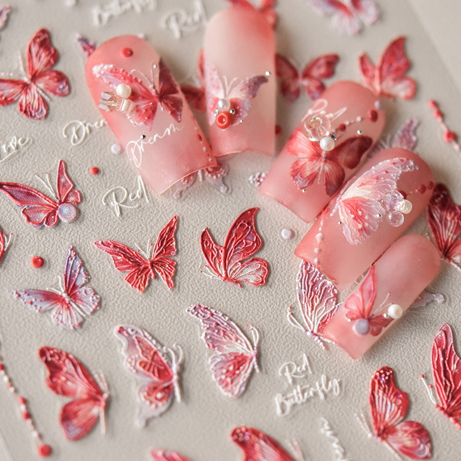 Red Gradient Butterfly: "Crimson Dream Butterfly" – 5D Embossed Nail Sticker