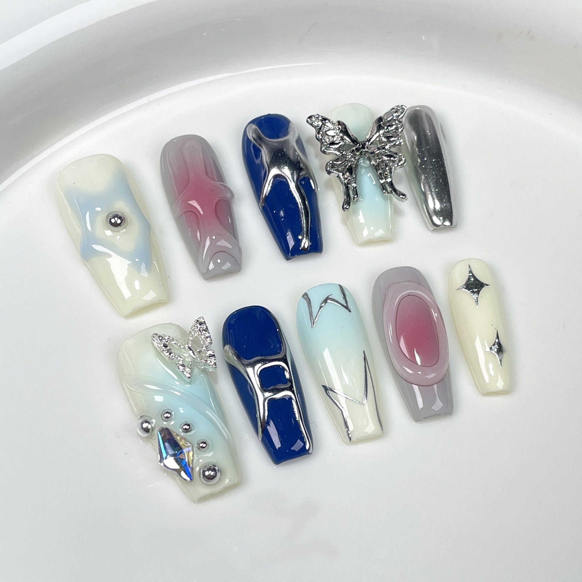 Uñas postizas multicolores con cambio gradual Y2K, dulces y geniales, hechas a mano, con parche terminado, para uñas medianas y largas | 365nails