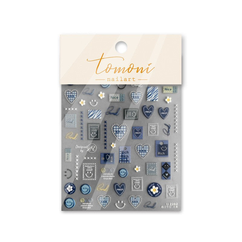 Denim Teddy Collection: "Denim Teddy & Cherry" – 3D Embossed Nail Sticker