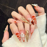 Peach Gold Floral Cross Glam Nails